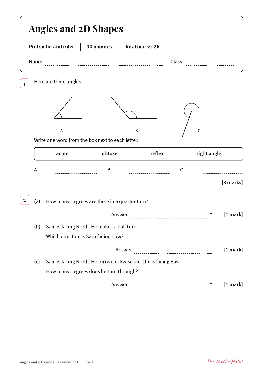 Angles and 2D shapes test: Foundation B, first page