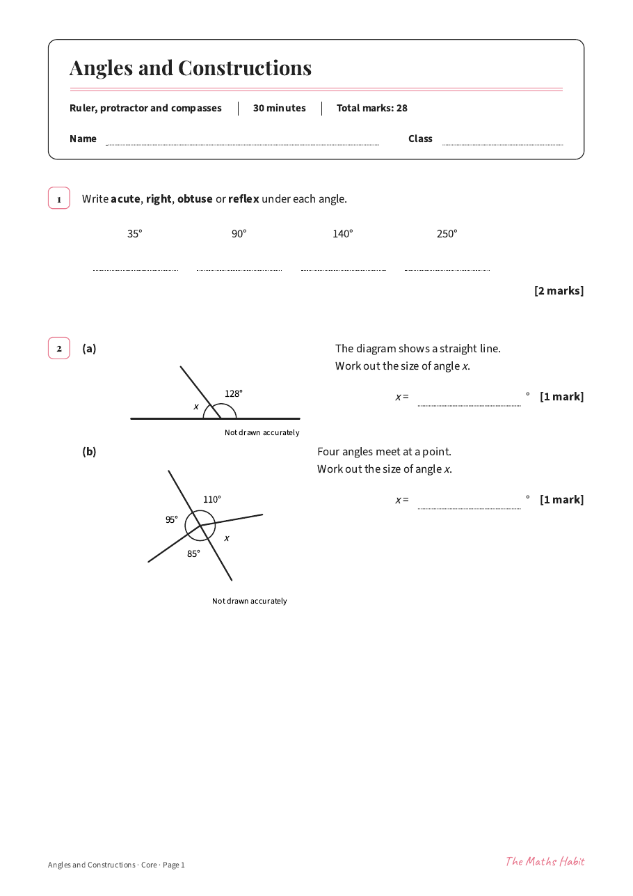 Angles and constructions test: Core, first page
