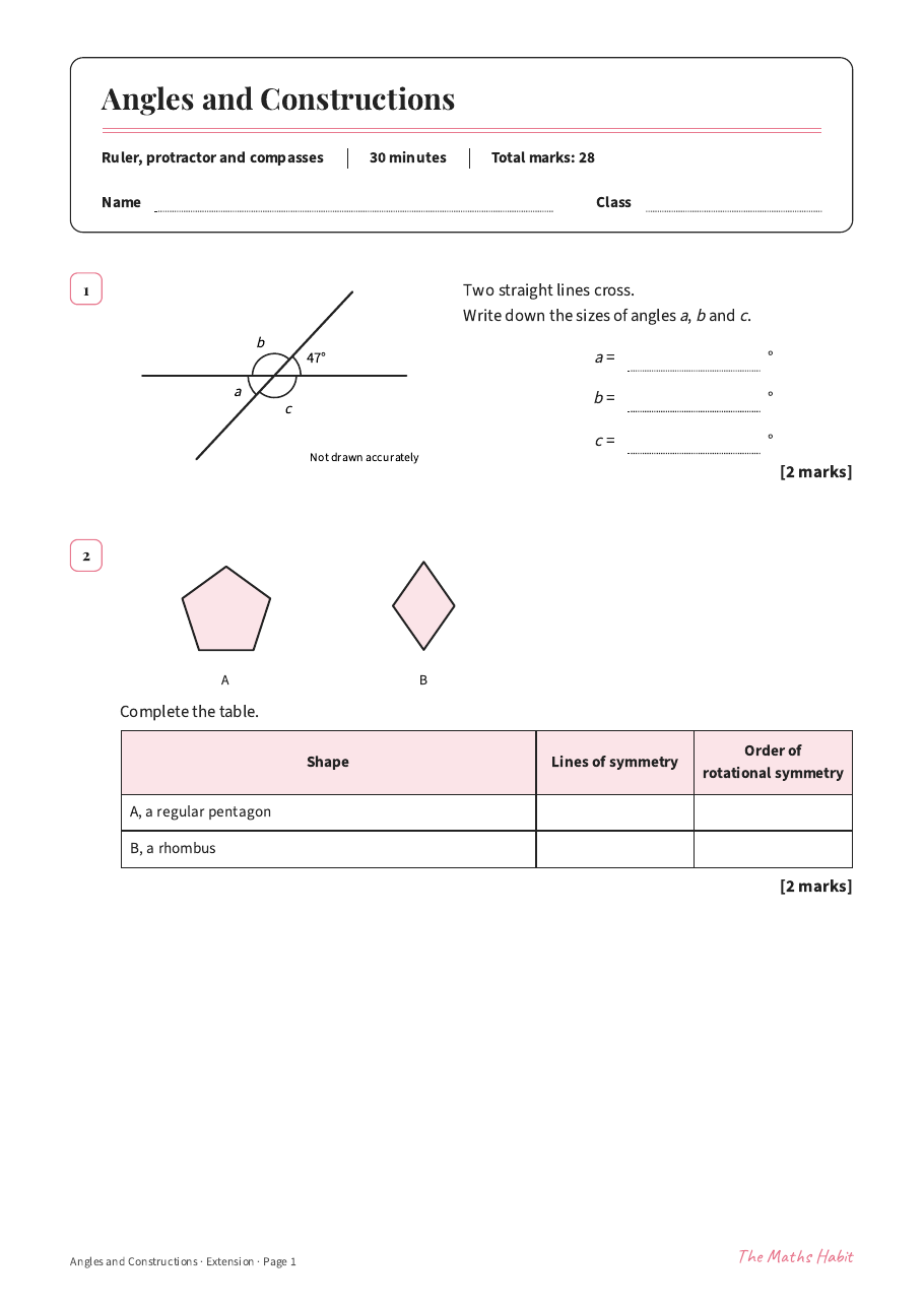 Angles and constructions test: Extension, first page