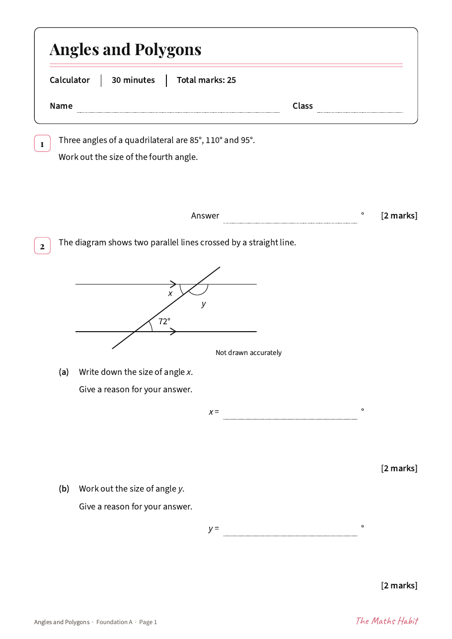 Angles and polygons test: Foundation A, first page