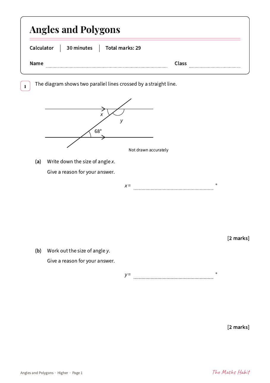 Angles and polygons test: Higher, first page