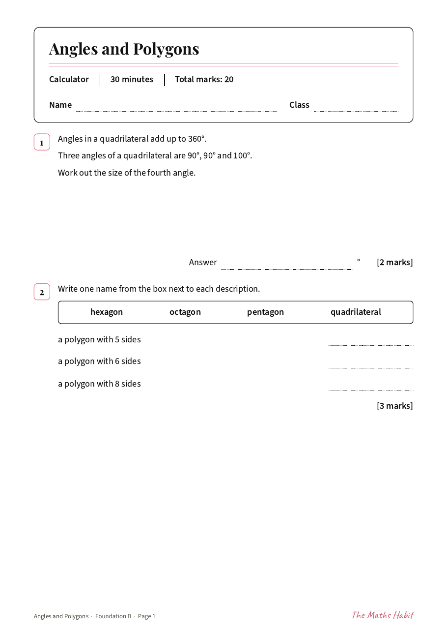 Angles and polygons test: Foundation B, first page