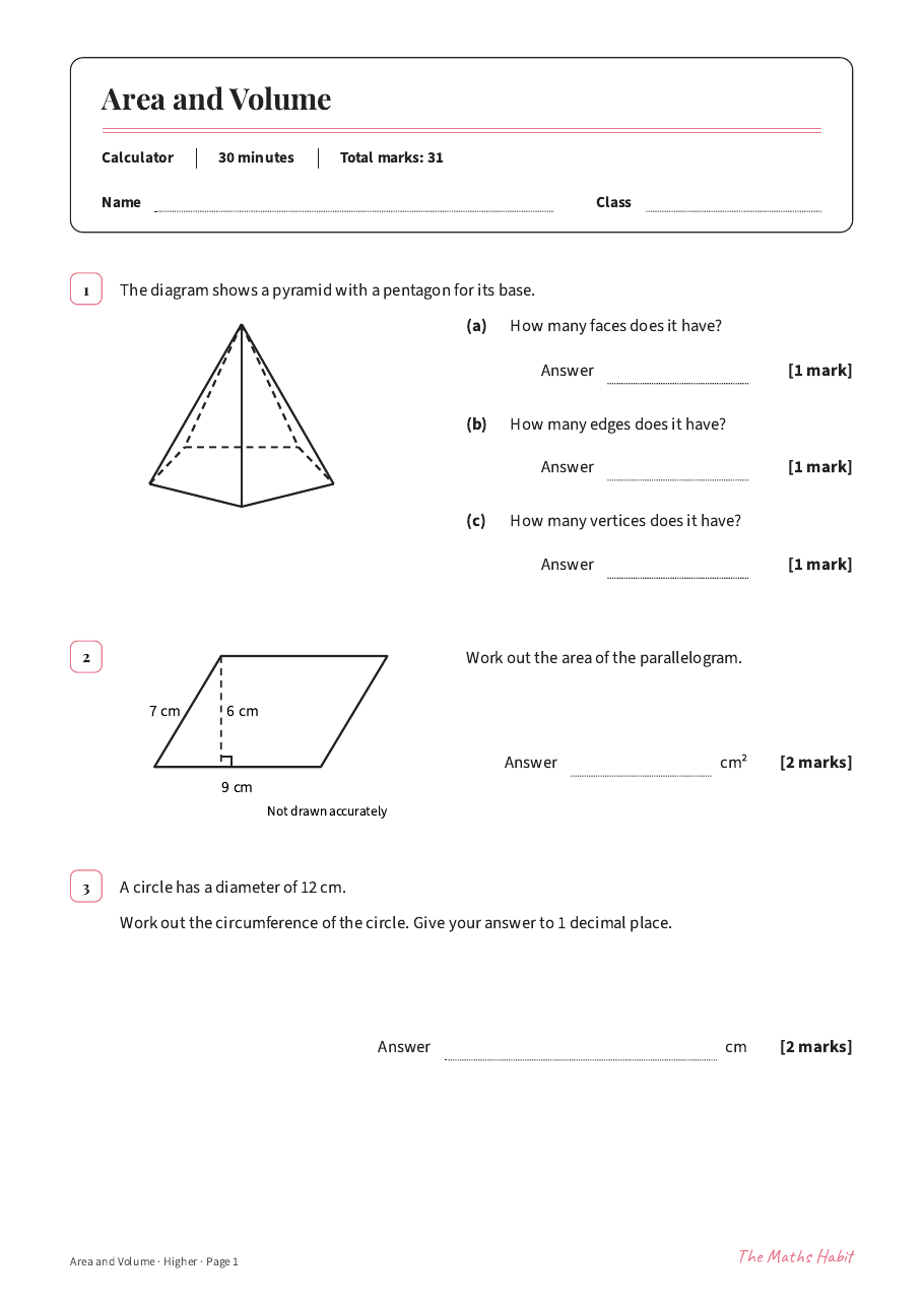 Area and volume test: Higher, first page