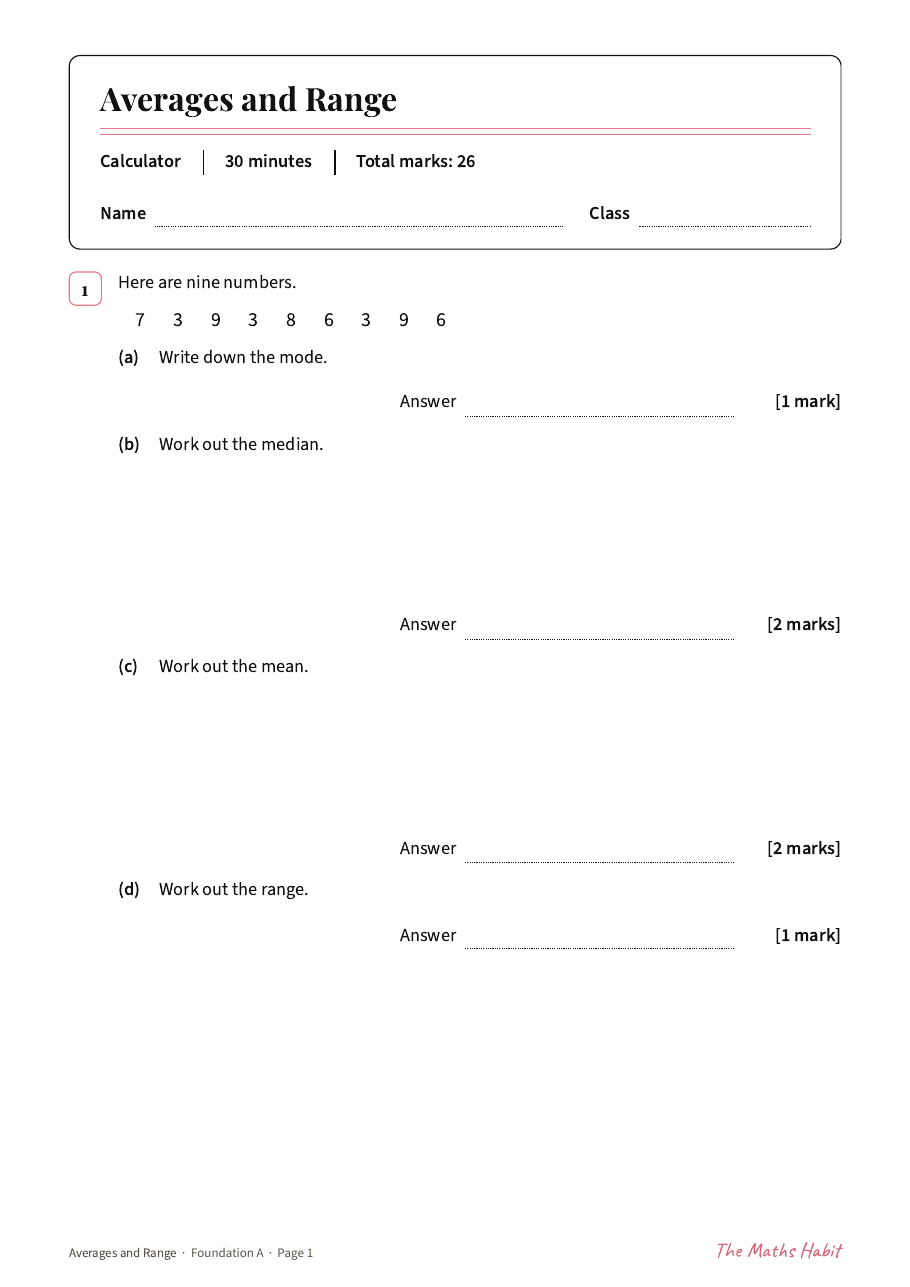 Averages and range test: Foundation A, first page