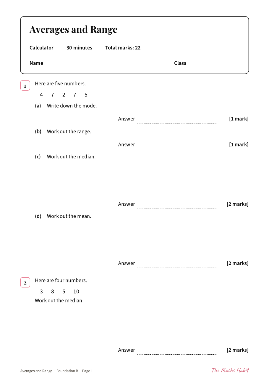 Averages and range test: Foundation B, first page