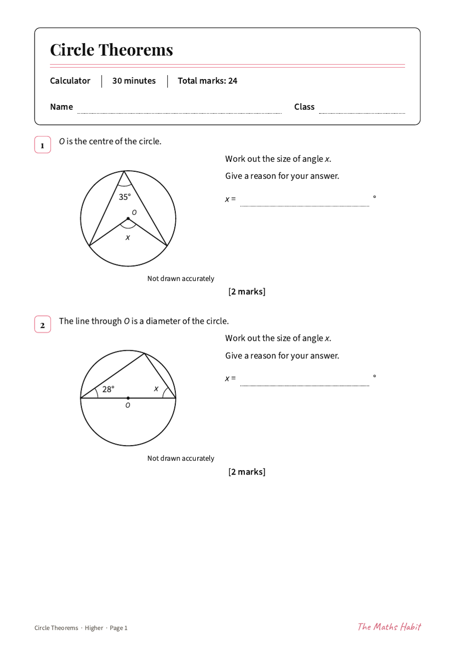 Circle theorems test: Higher, first page