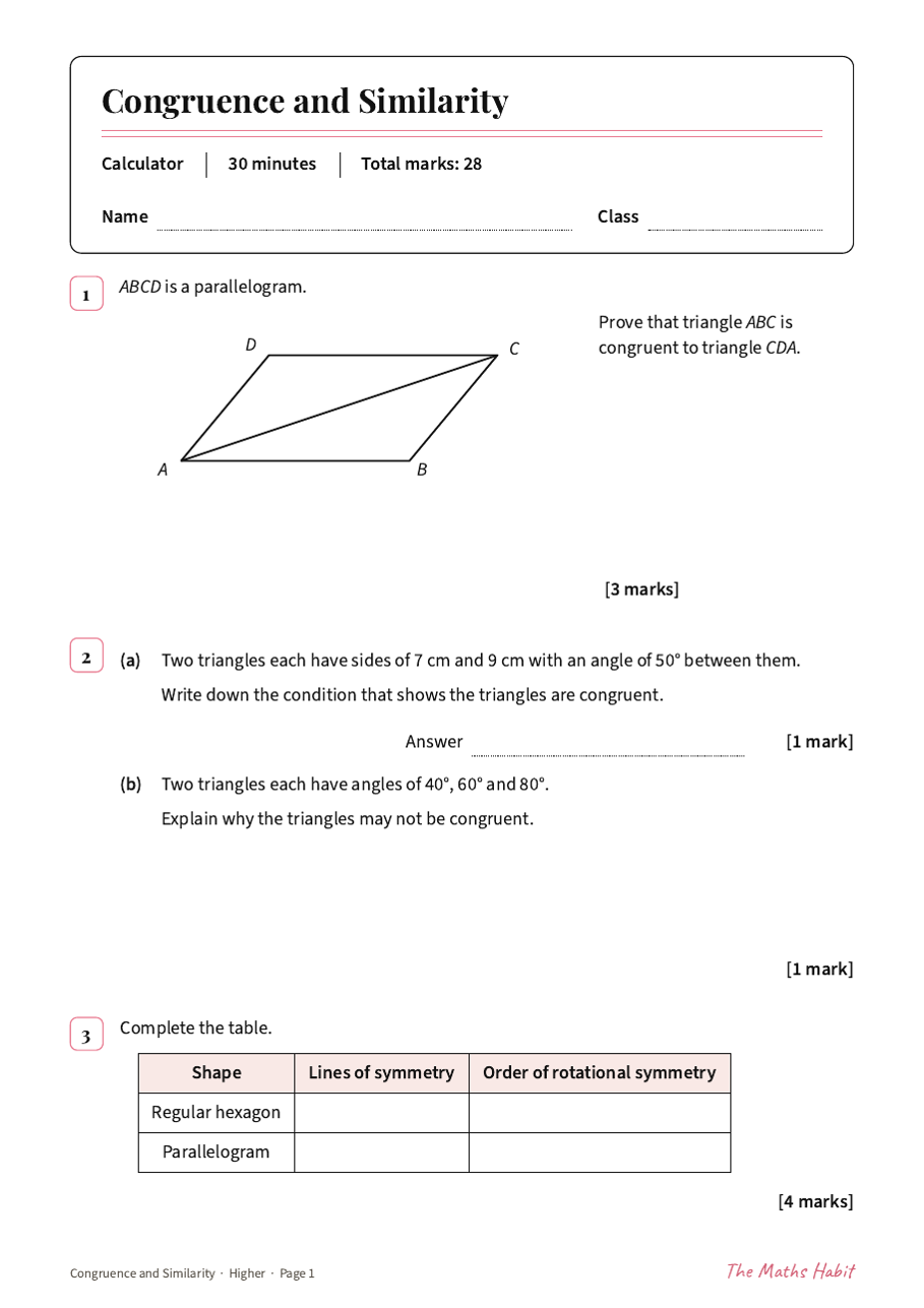 Congruence and similarity test: Higher, first page