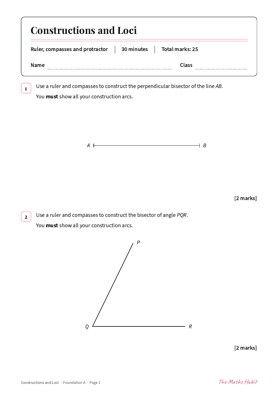 Constructions and loci test: Foundation A, first page