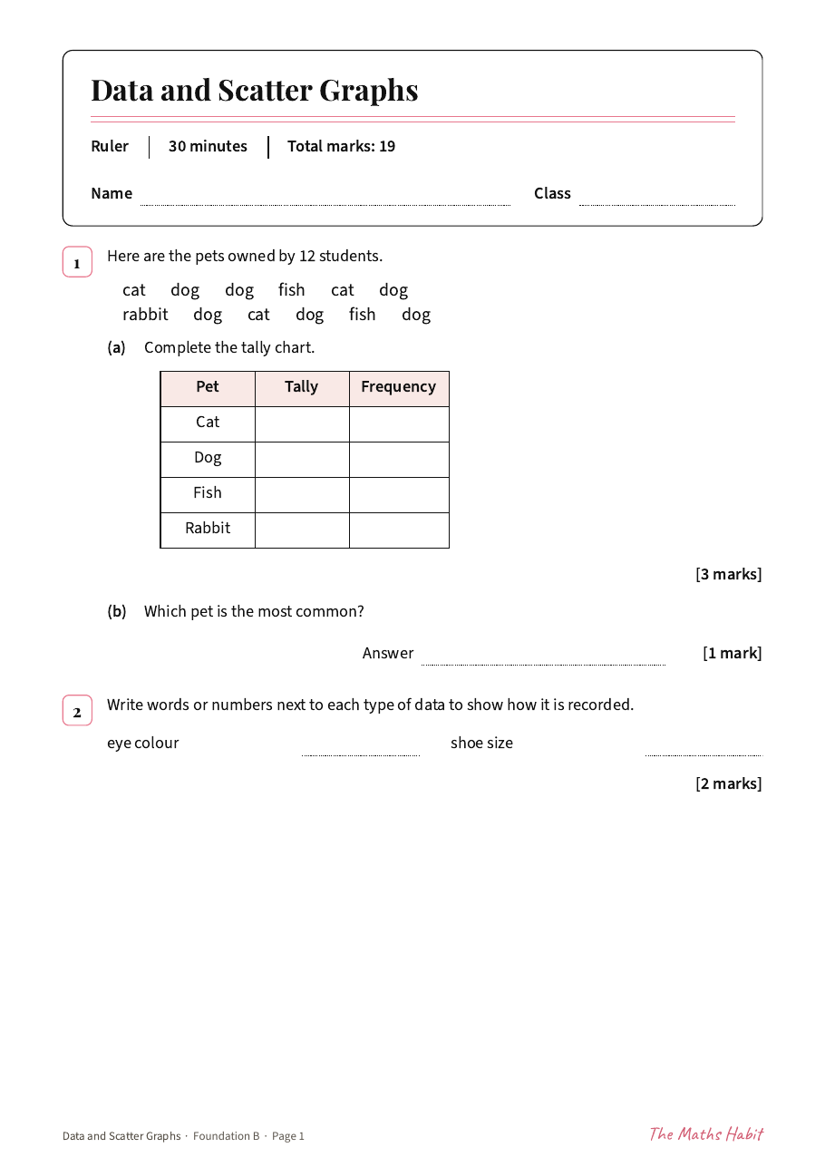 Data and scatter graphs test: Foundation B, first page
