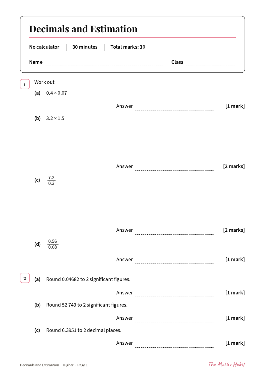 Decimals and estimation test: Higher, first page