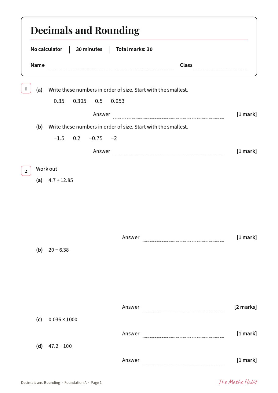 Decimals and rounding test: Foundation A, first page