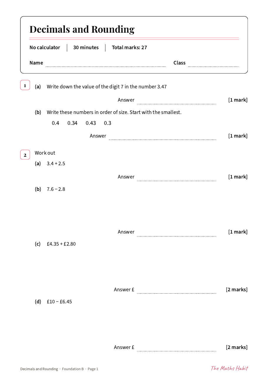 Decimals and rounding test: Foundation B, first page