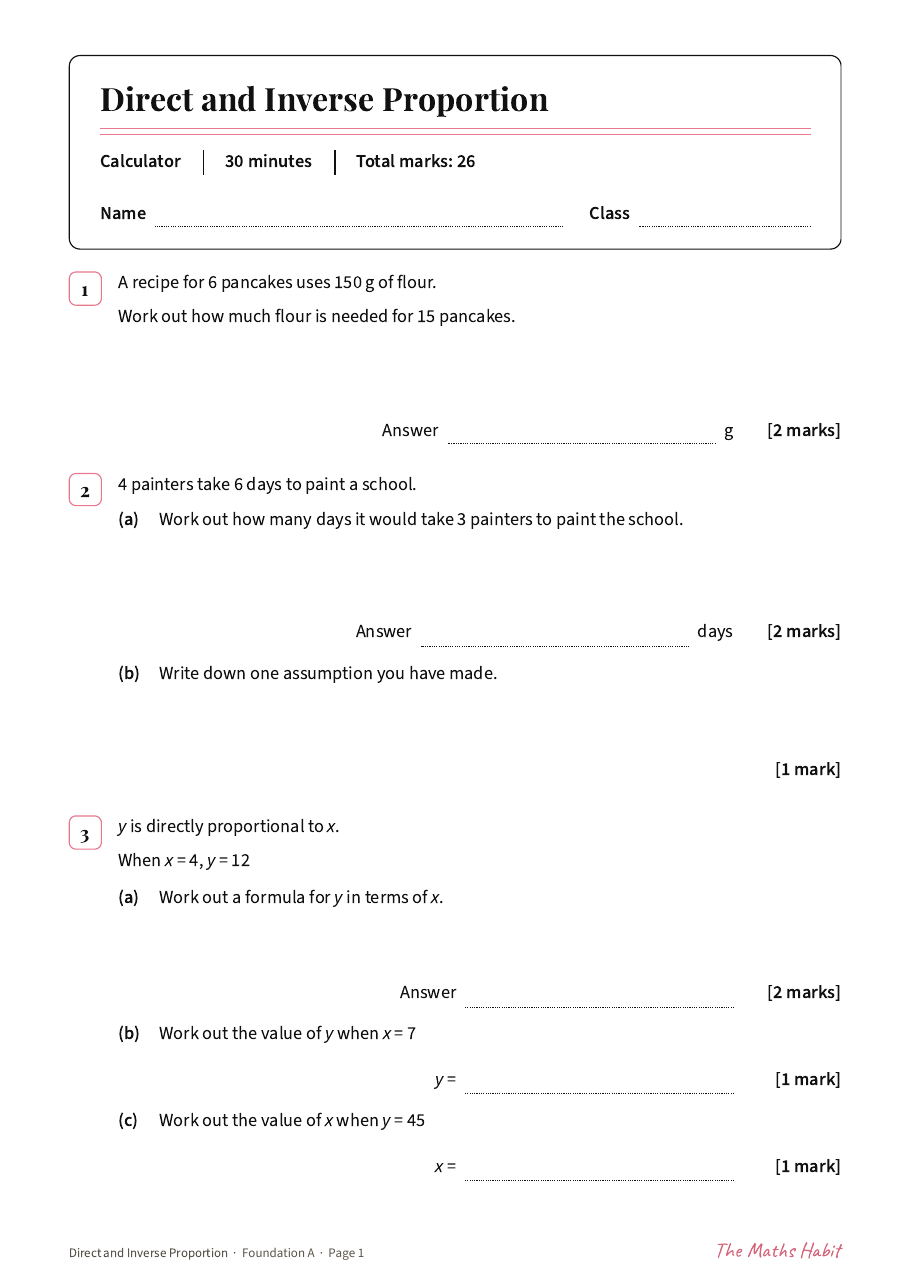 Direct and inverse proportion test: Foundation A, first page