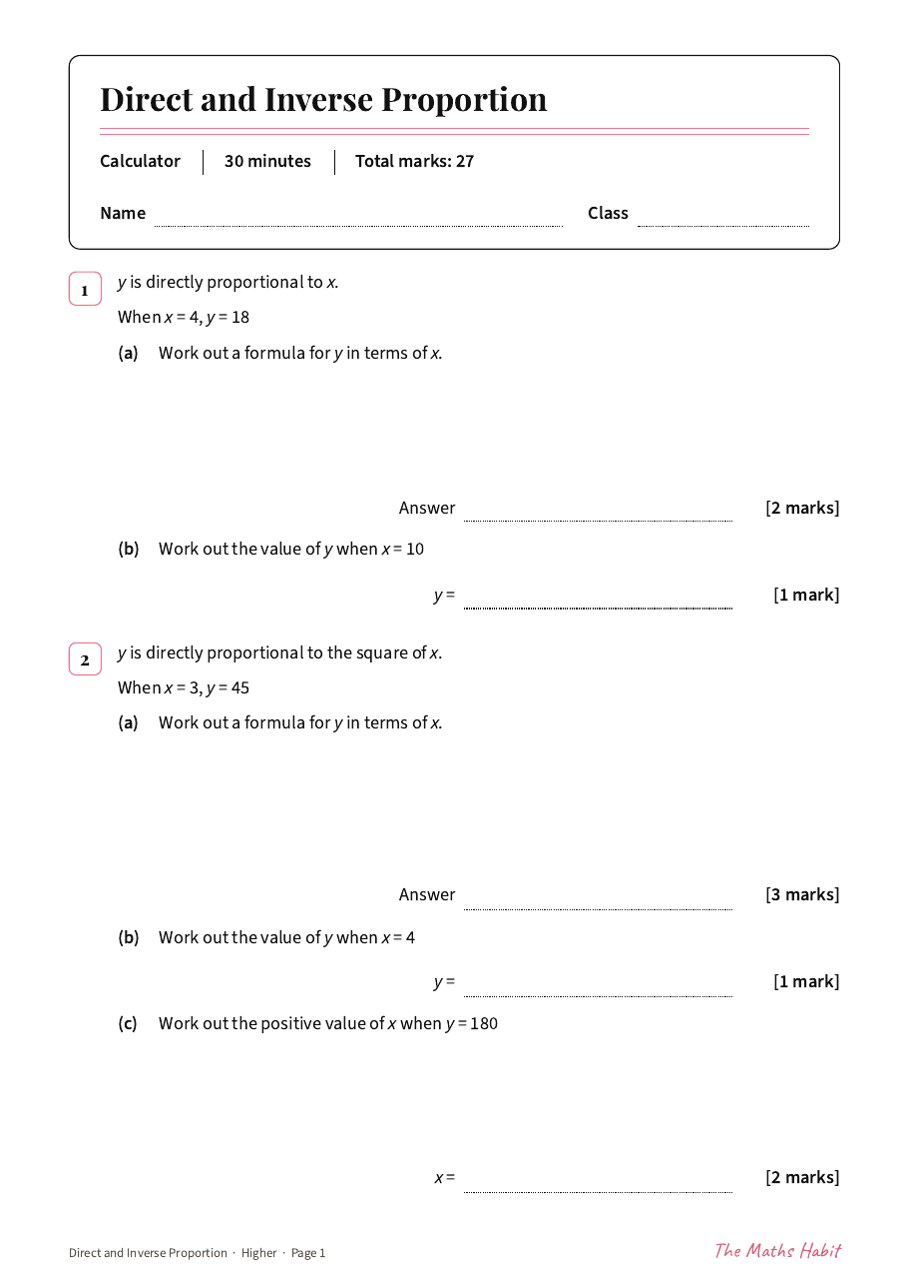 Direct and inverse proportion test: Higher, first page