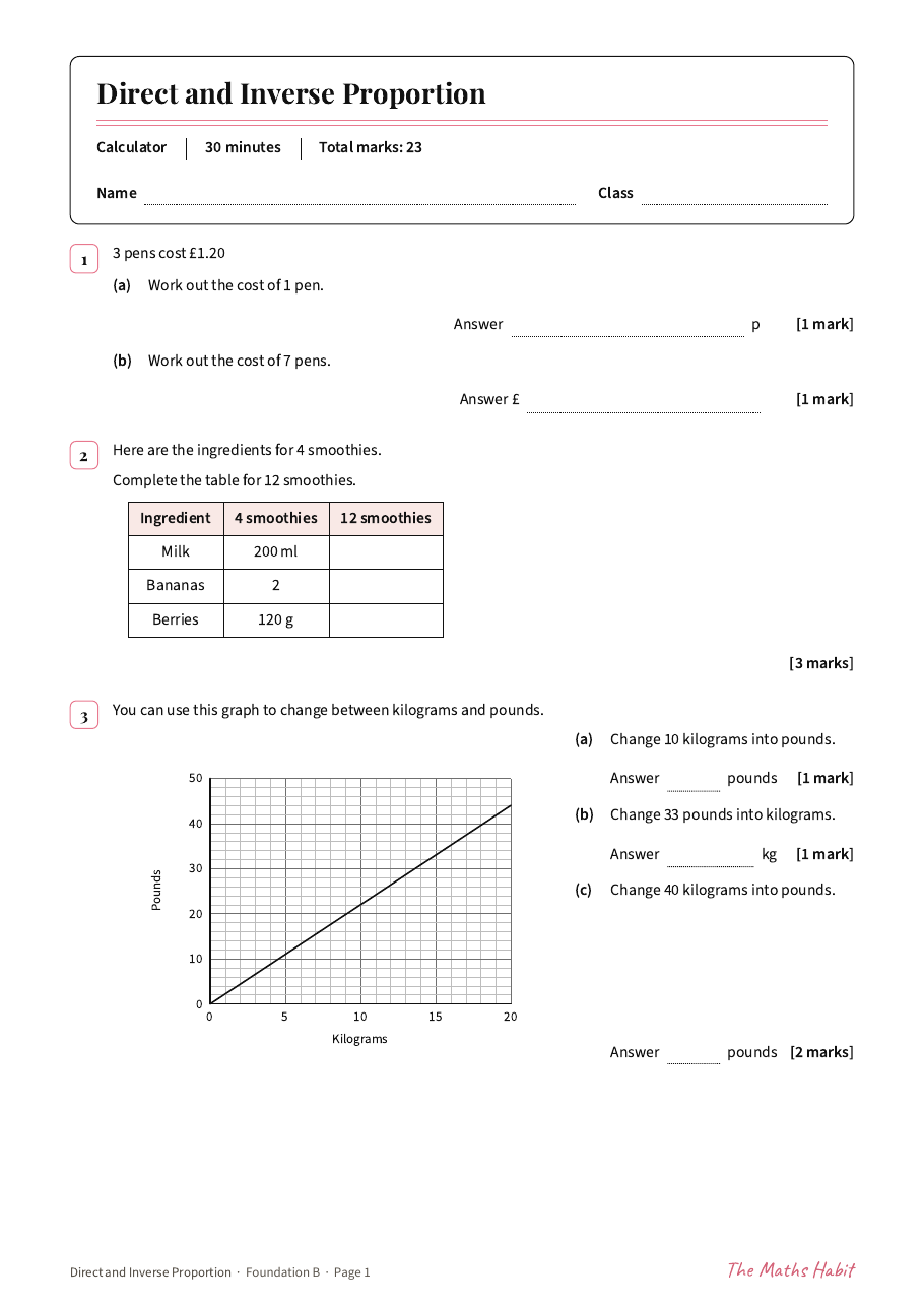 Direct and inverse proportion test: Foundation B, first page