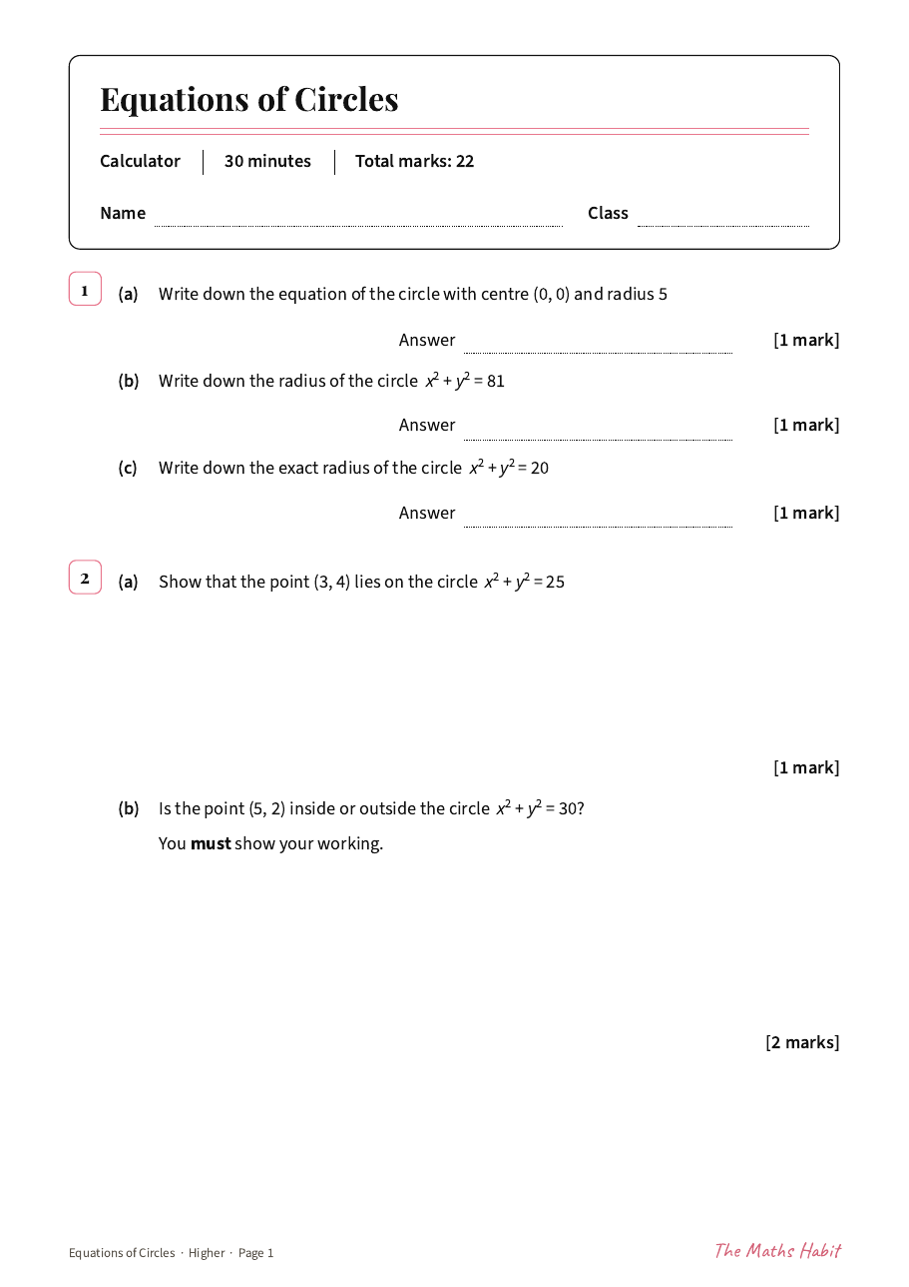 Equations of circles test: Higher, first page
