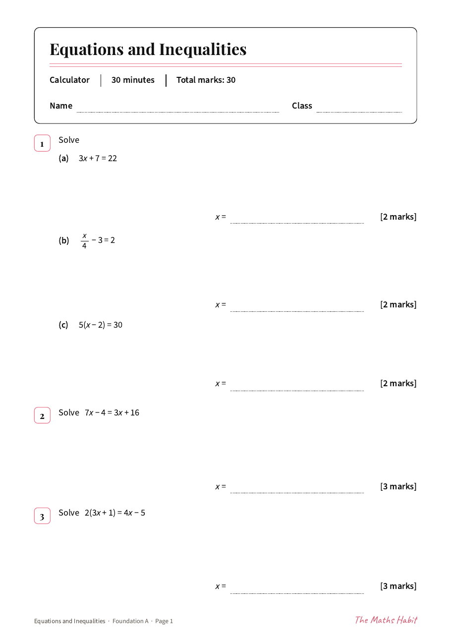 Equations and inequalities test: Foundation A, first page