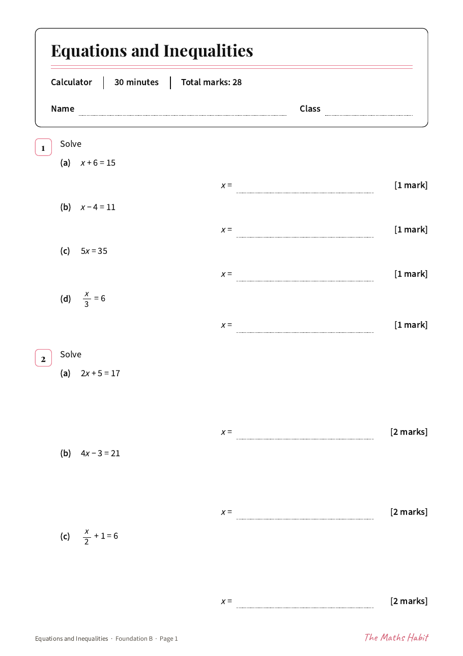 Equations and inequalities test: Foundation B, first page