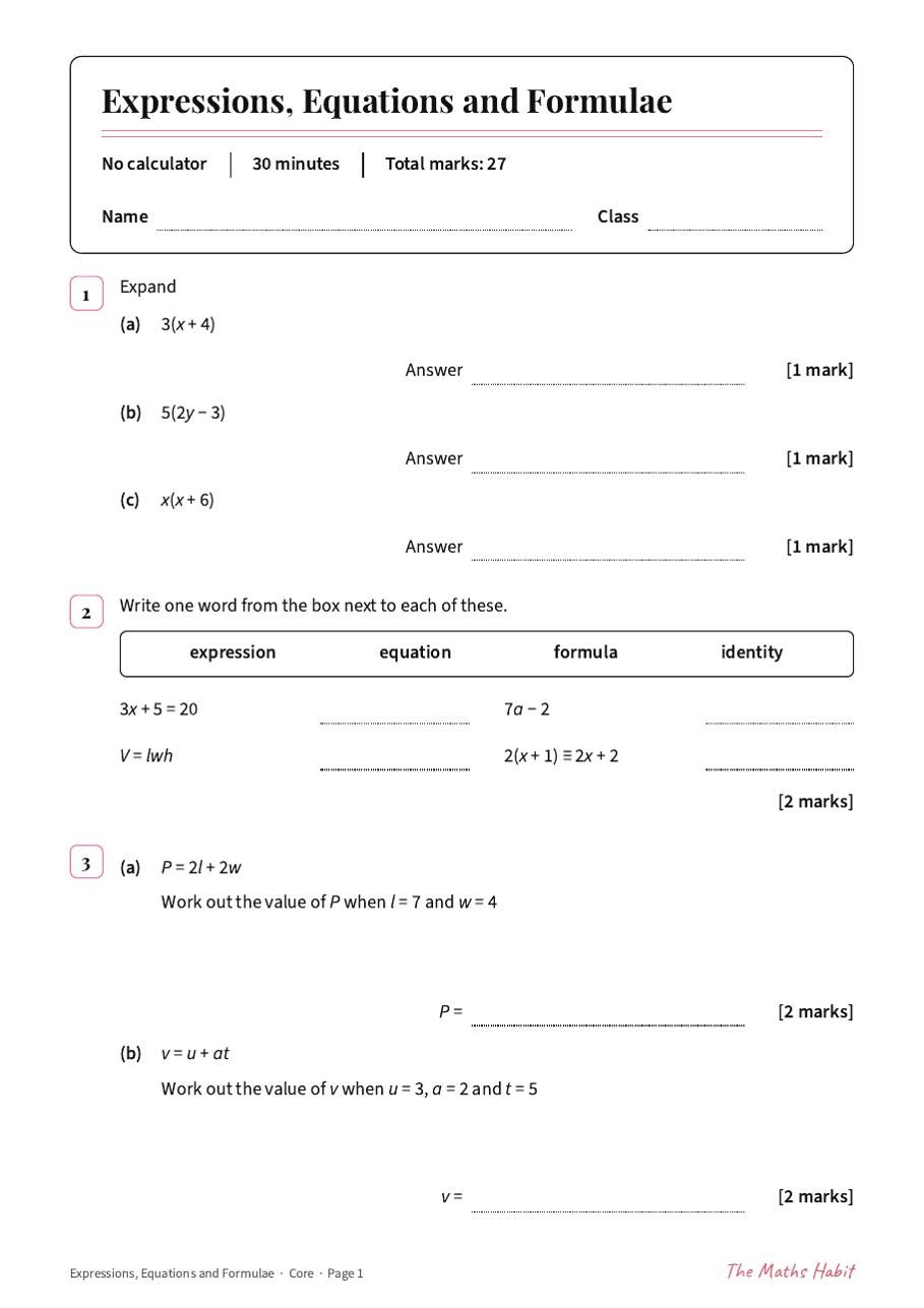 Expressions, equations and formulae test: Core, first page