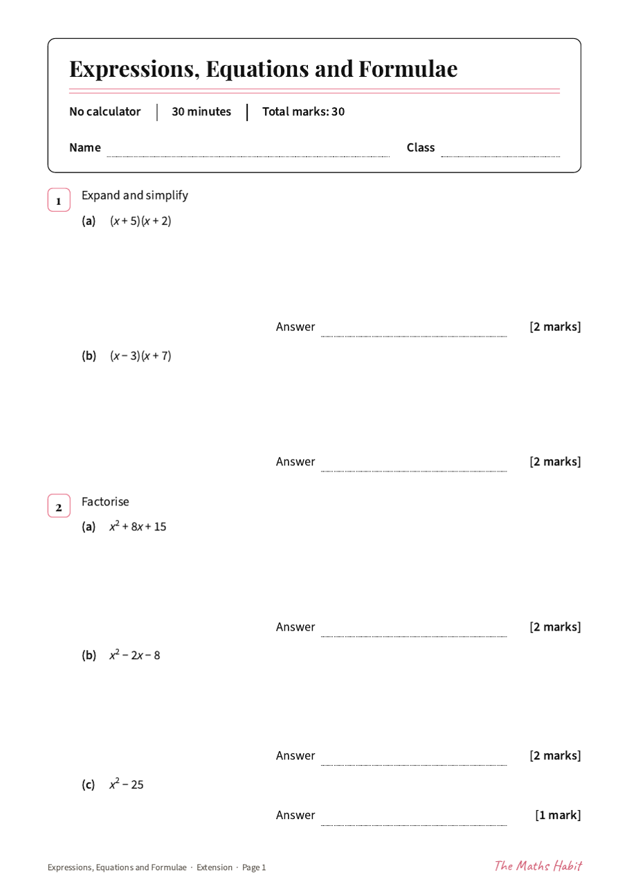 Expressions, equations and formulae test: Extension, first page