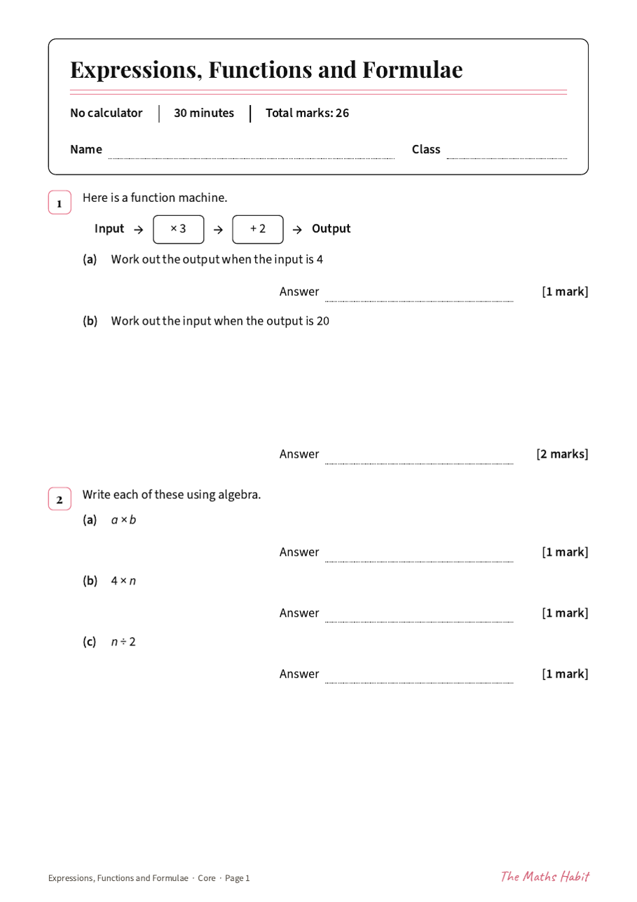 Expressions, functions and formulae test: Core, first page