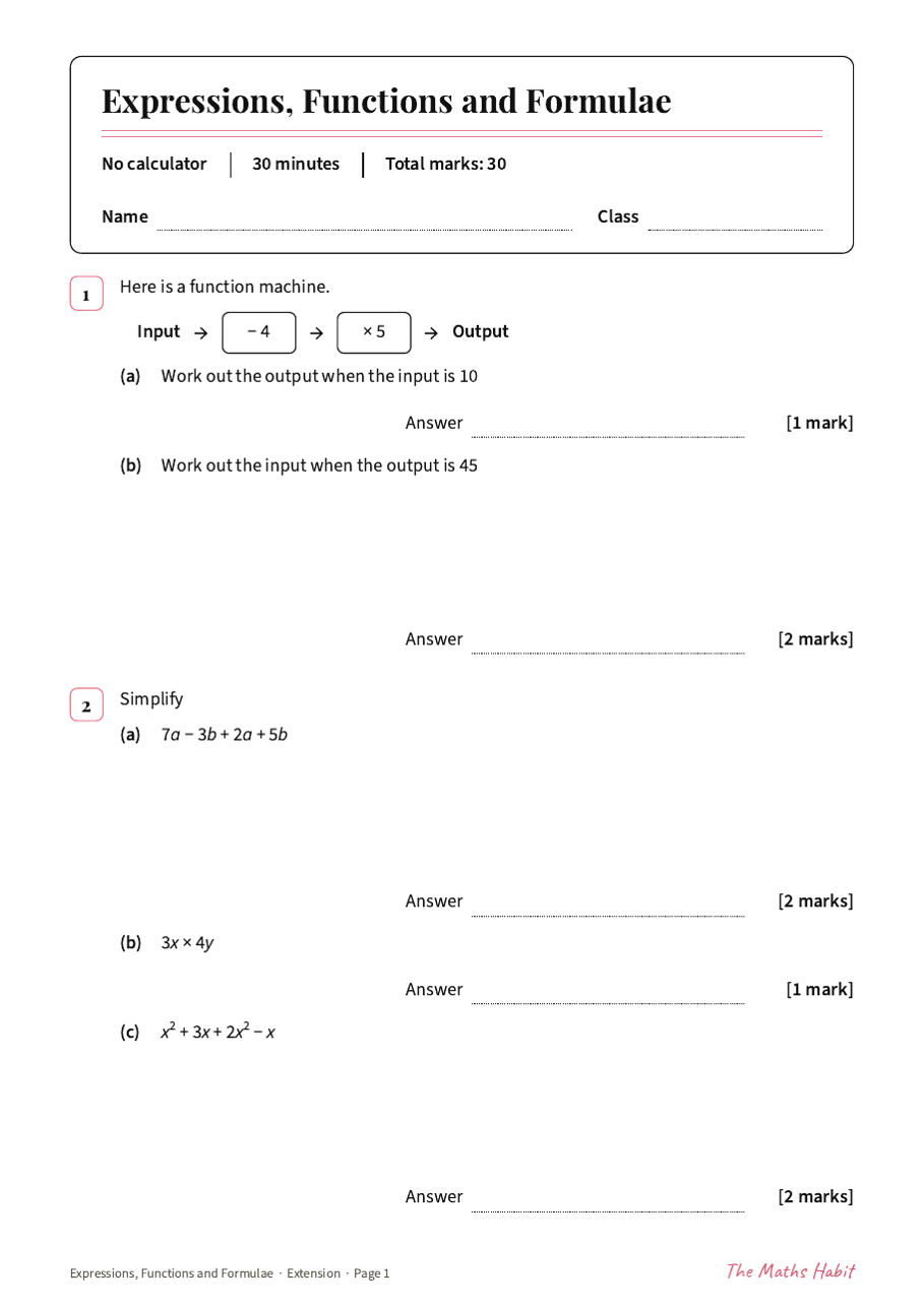 Expressions, functions and formulae test: Extension, first page
