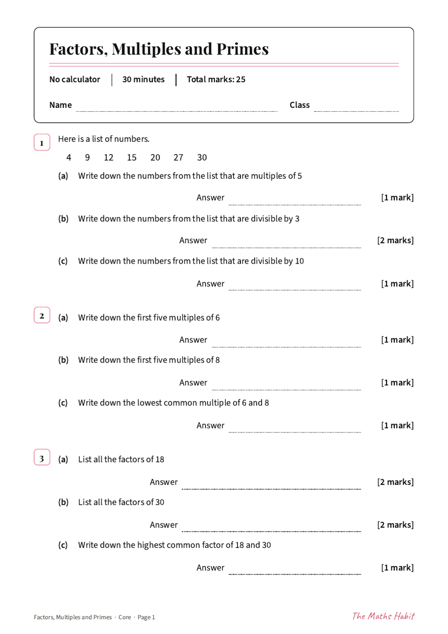 Factors, multiples and primes test: Core, first page