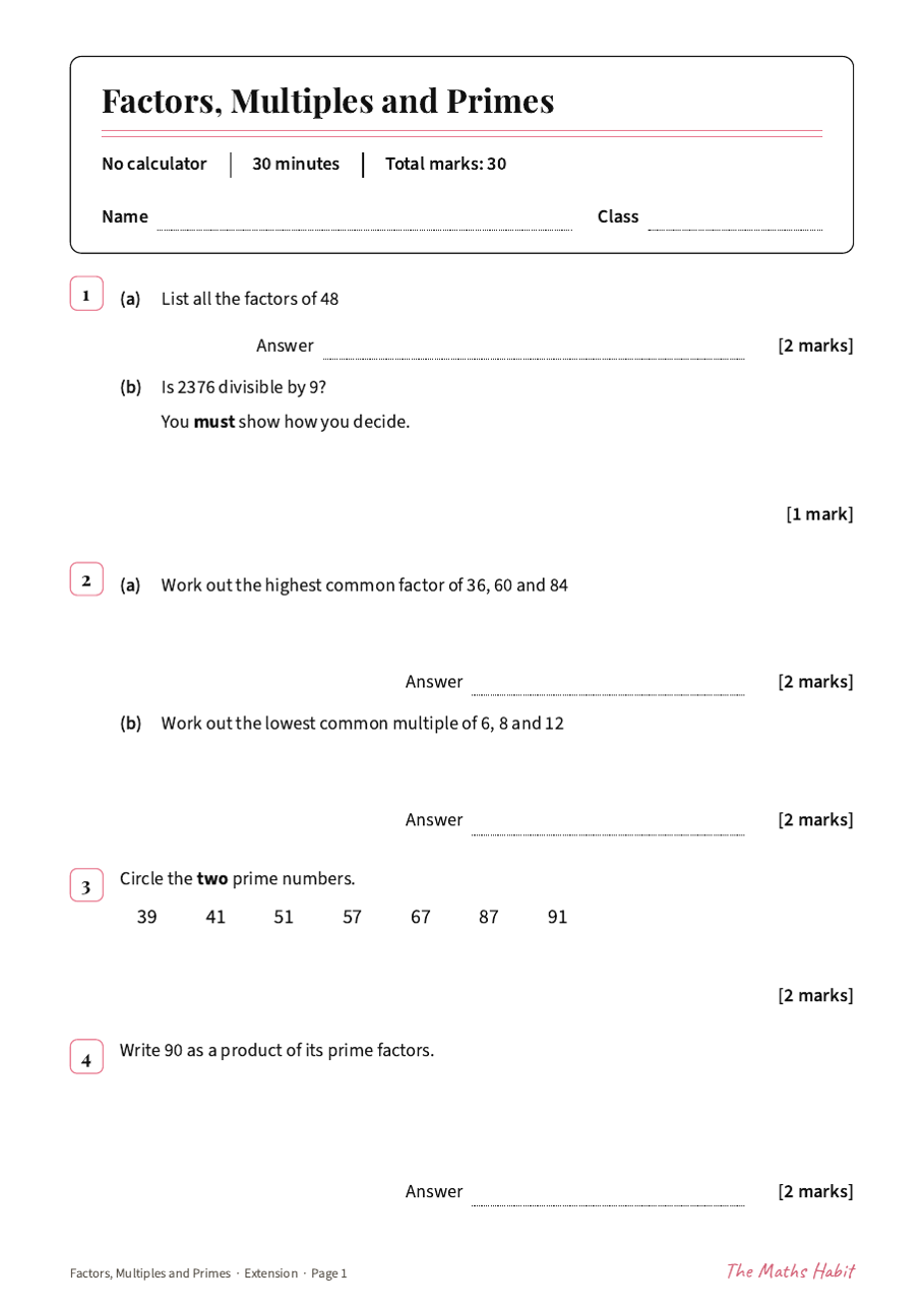 Factors, multiples and primes test: Extension, first page
