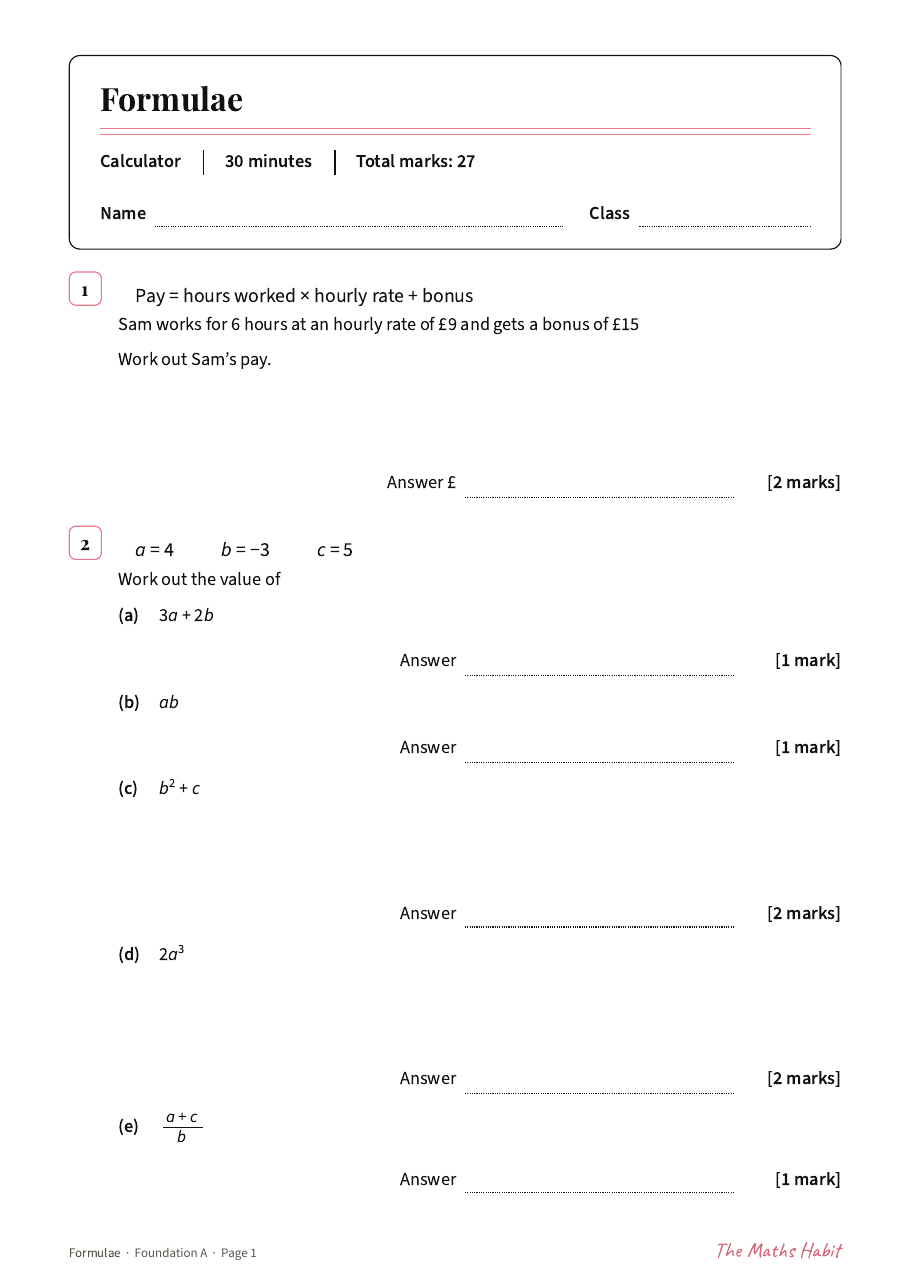 Formulae test: Foundation A, first page