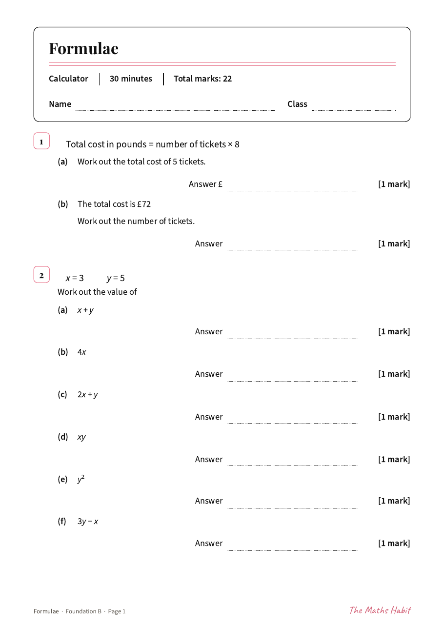 Formulae test: Foundation B, first page