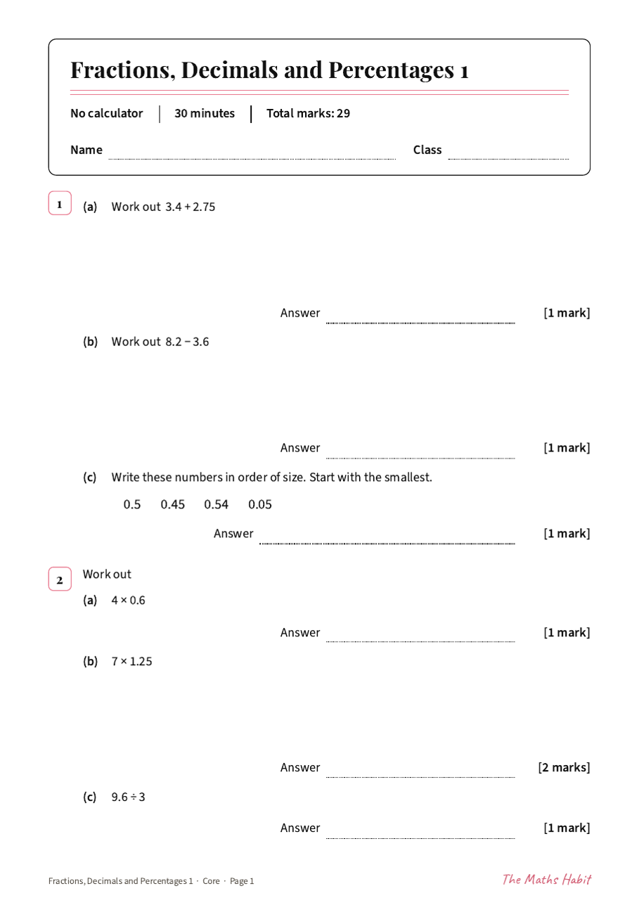 Fractions, decimals and percentages 1 test: Core, first page