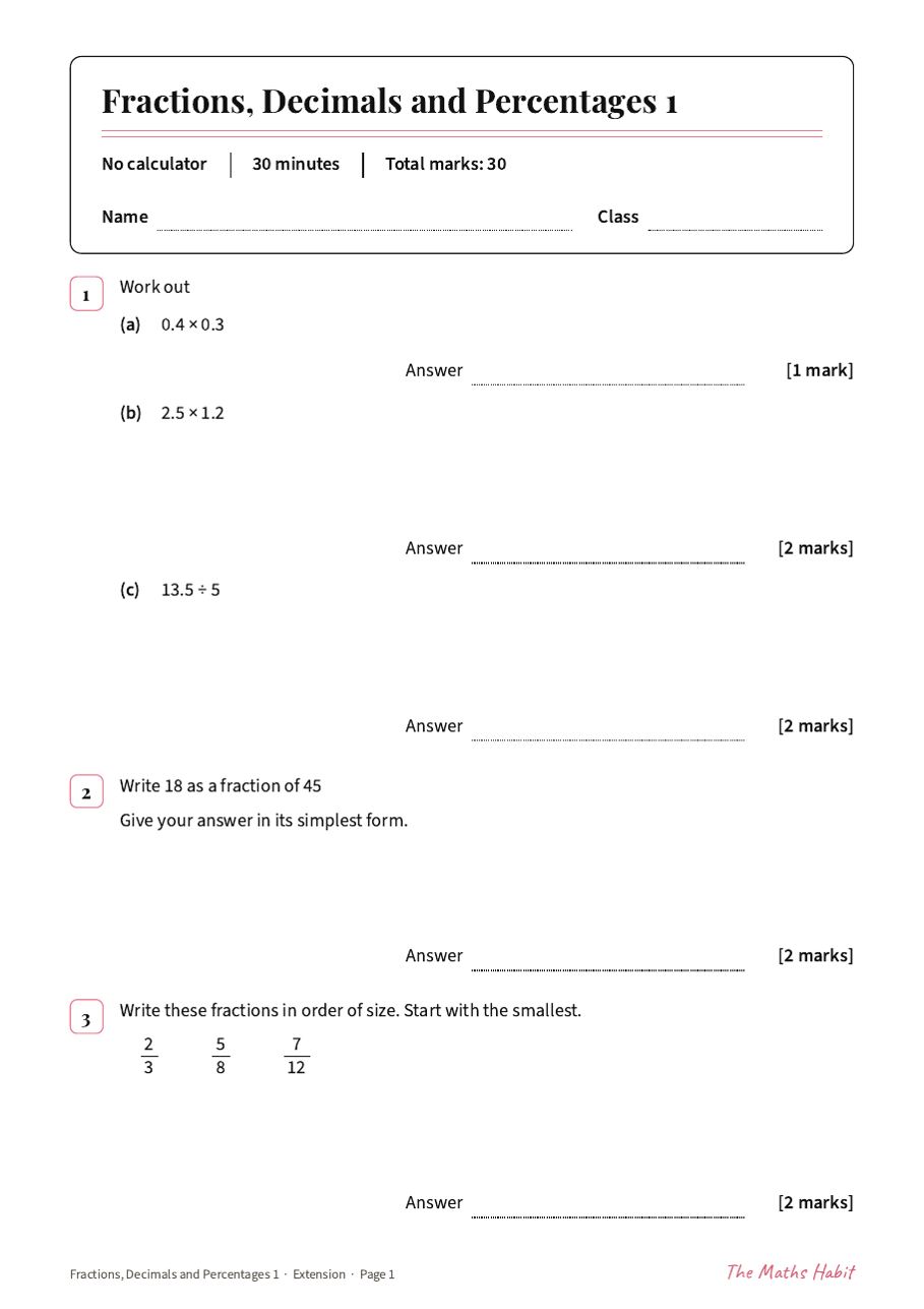 Fractions, decimals and percentages 1 test: Extension, first page