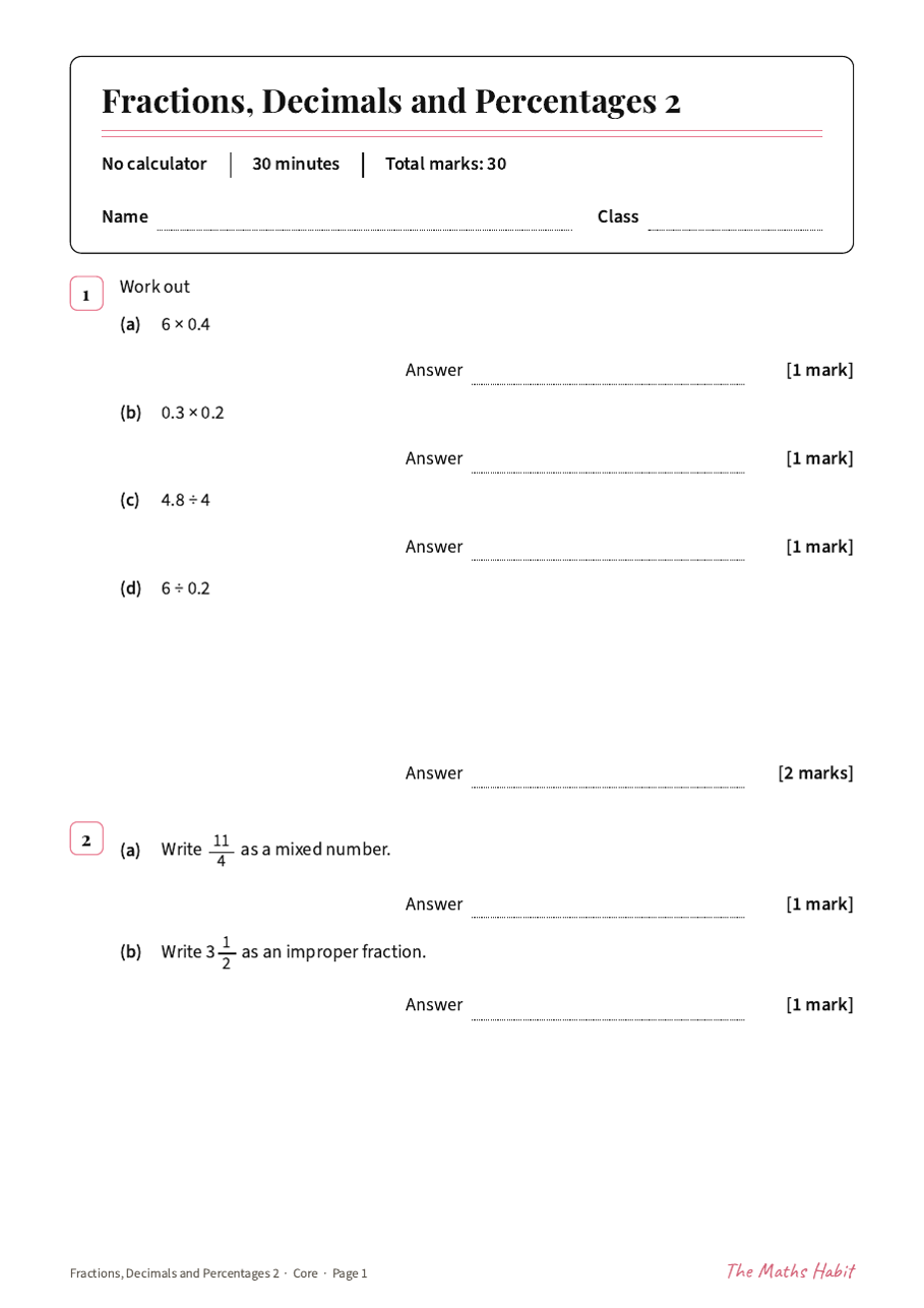 Fractions, decimals and percentages 2 test: Core, first page