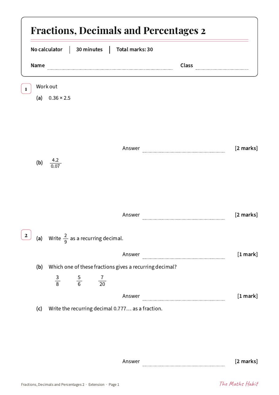 Fractions, decimals and percentages 2 test: Extension, first page