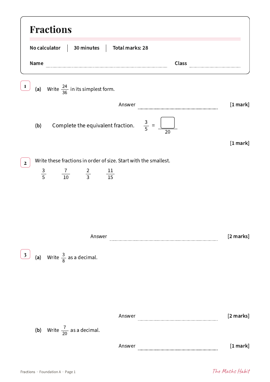 Fractions test: Foundation A, first page