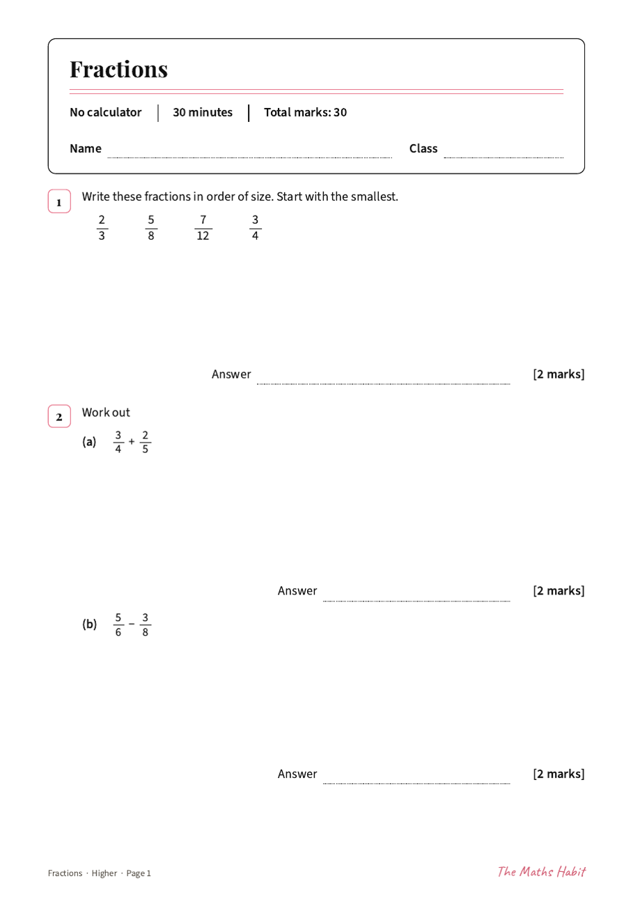 Fractions test: Higher, first page