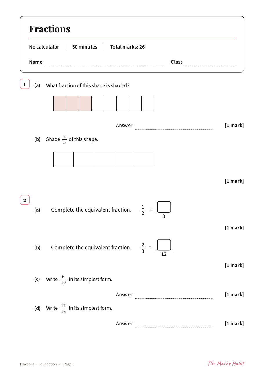 Fractions test: Foundation B, first page