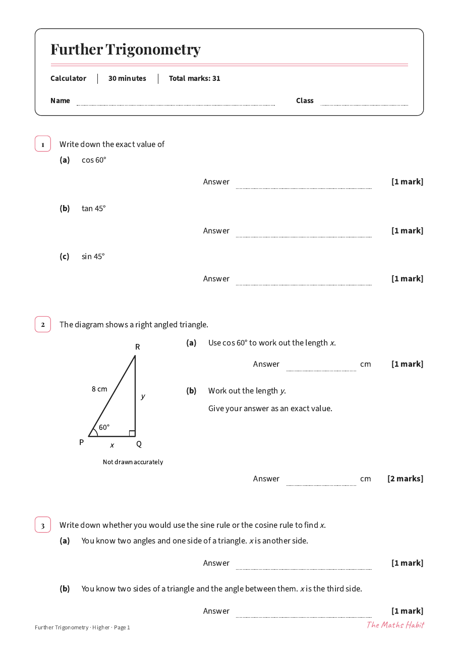 Further trigonometry test: Higher, first page
