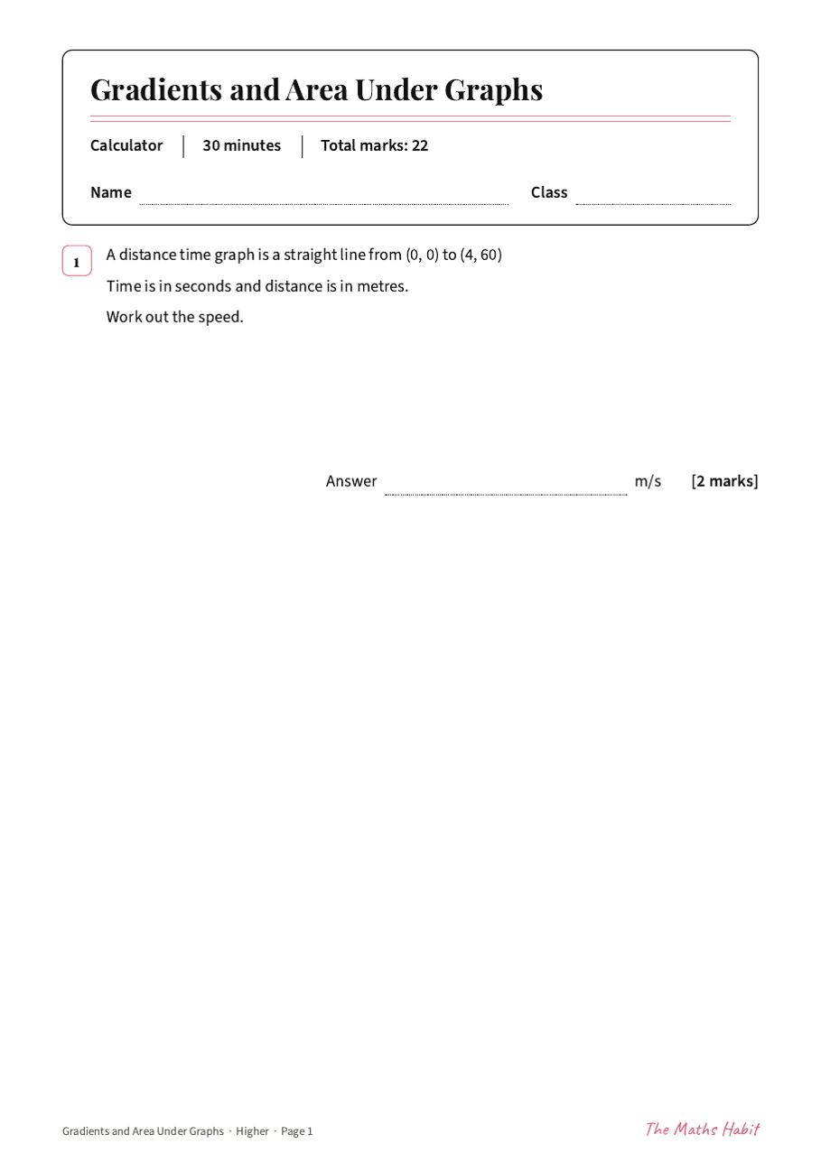 Gradients and area under graphs test: Higher, first page