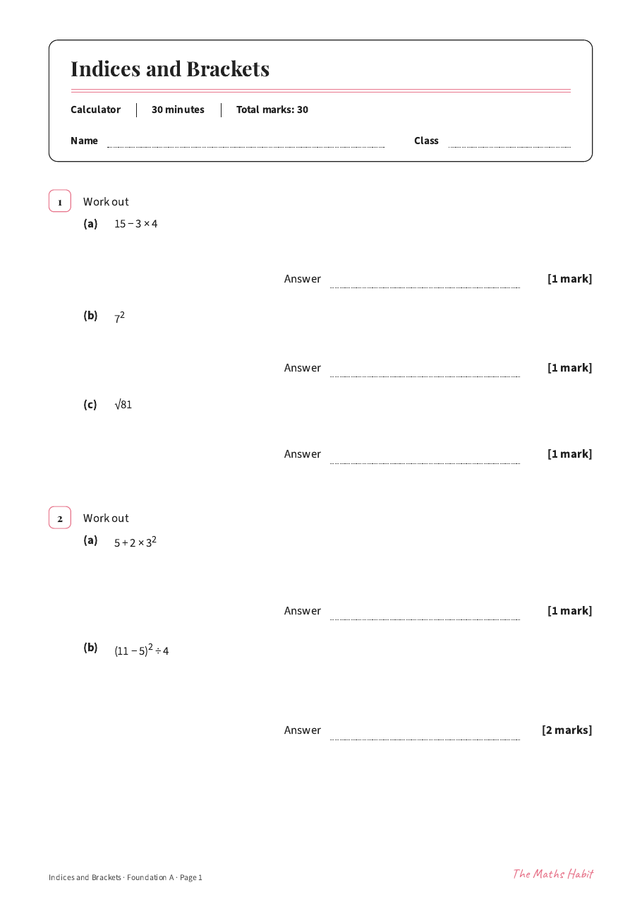Indices and brackets test: Foundation A, first page