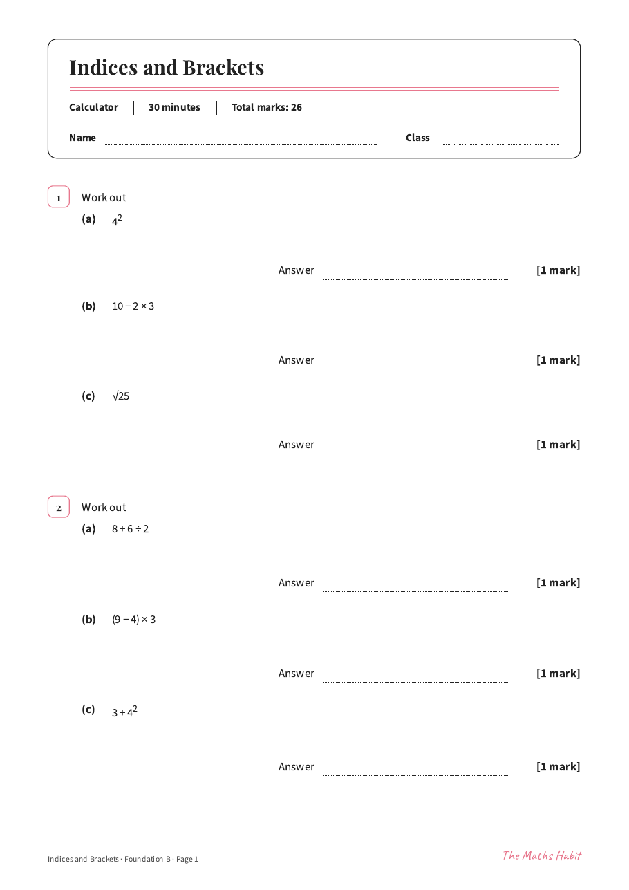 Indices and brackets test: Foundation B, first page