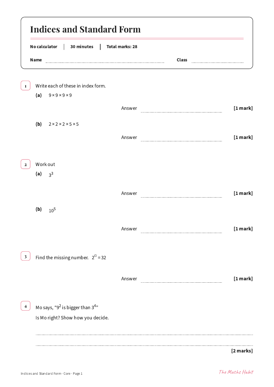Indices and standard form test: Core, first page
