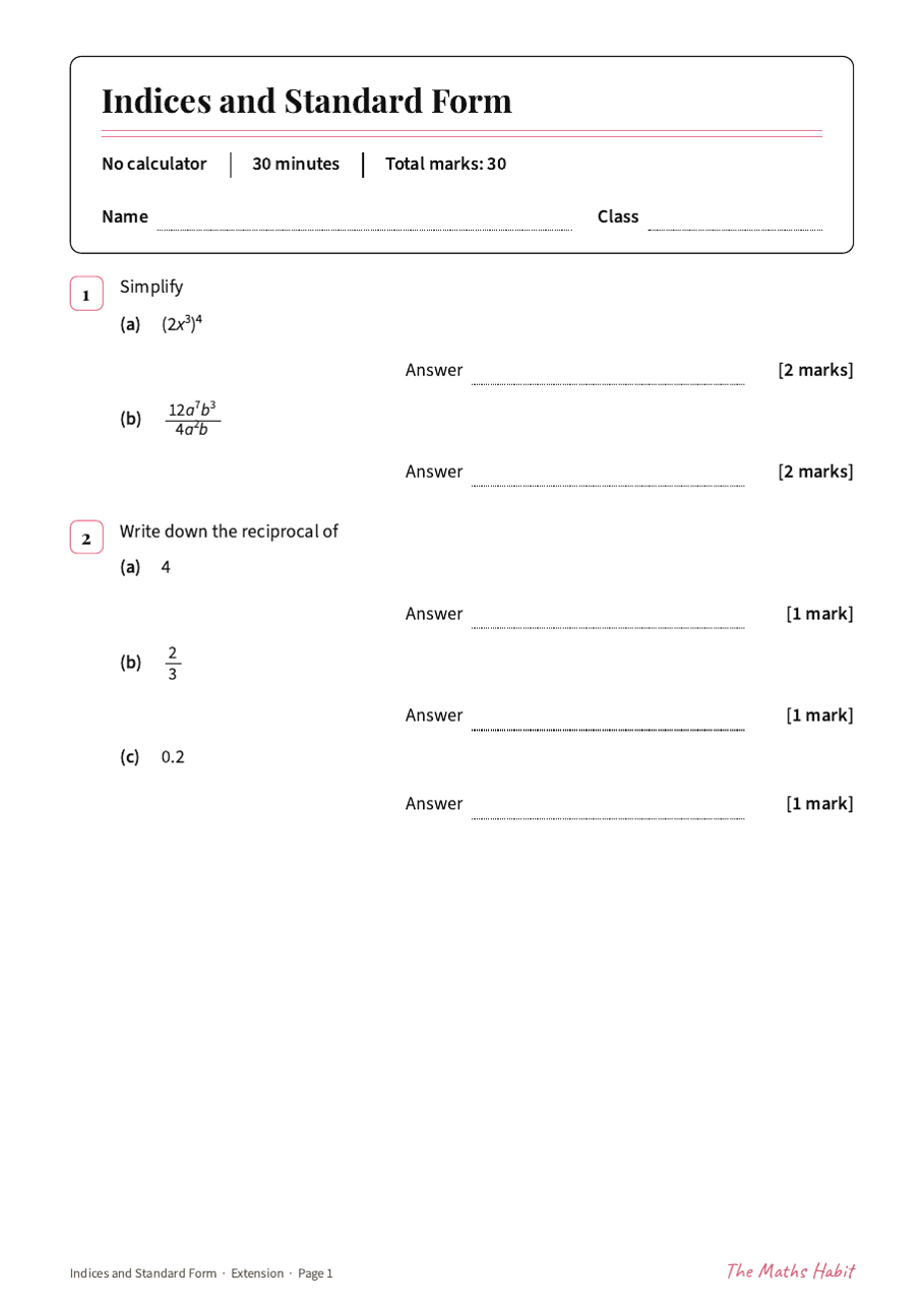 Indices and standard form test: Extension, first page