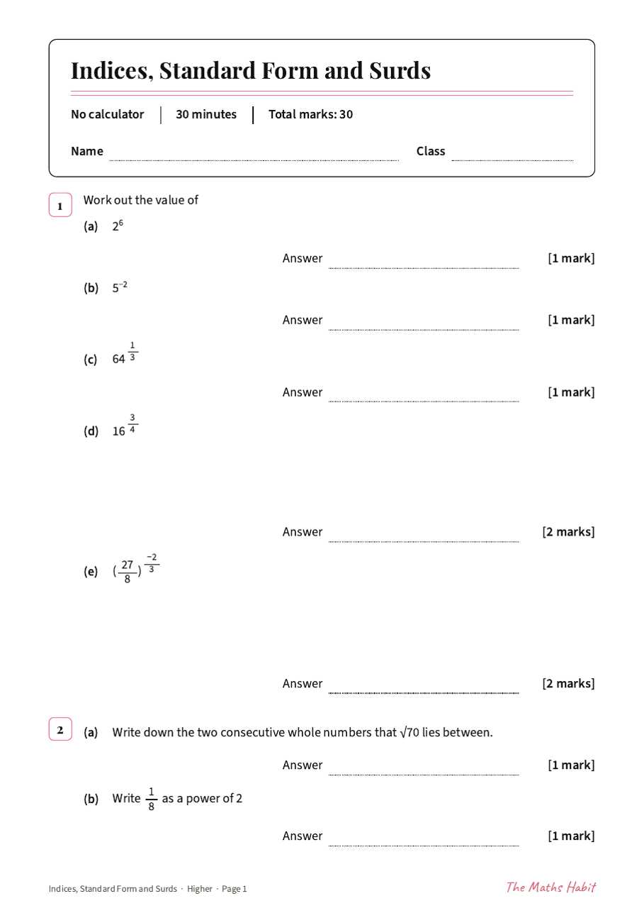 Indices, standard form and surds test: Higher, first page