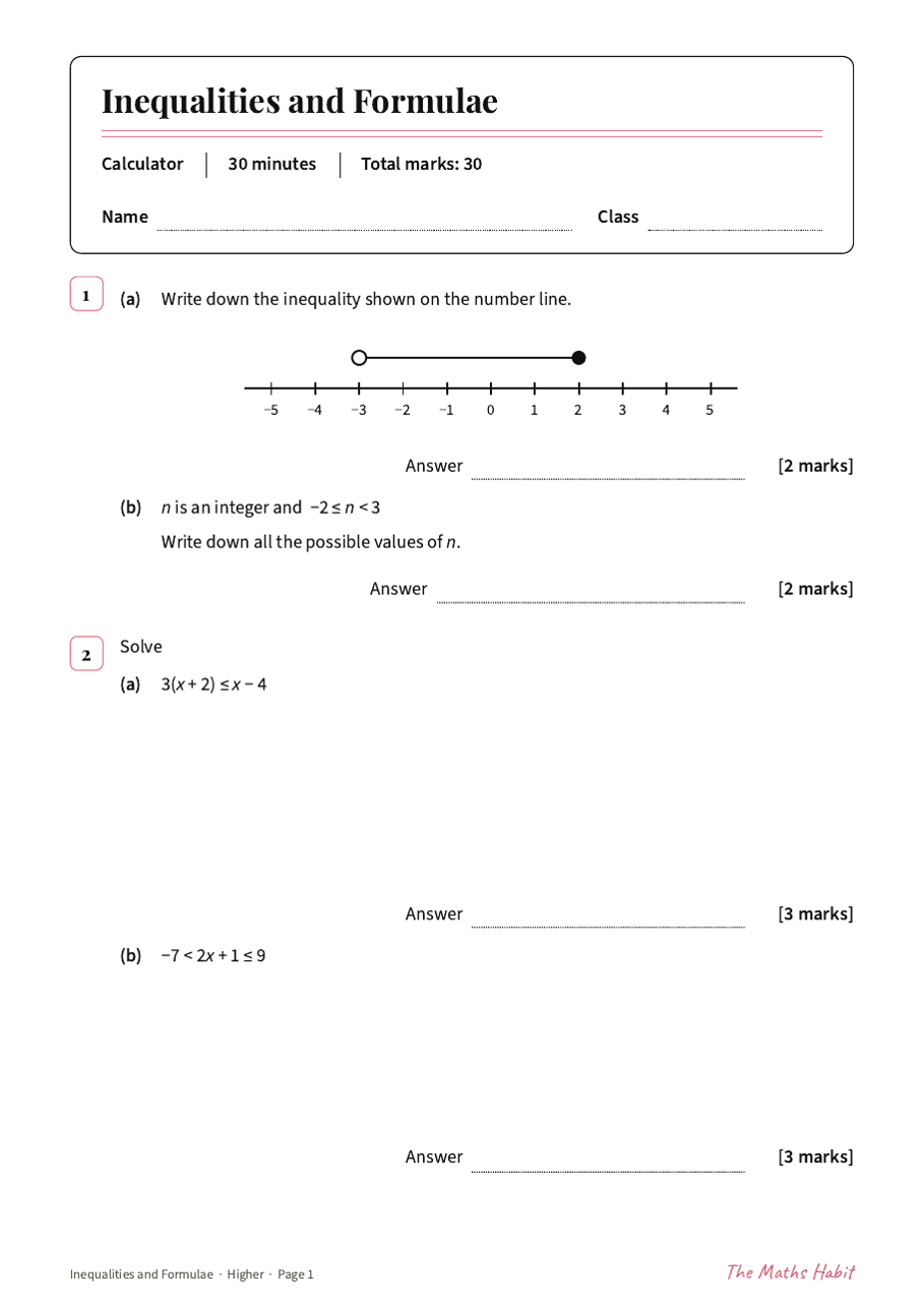 Inequalities and formulae test: Higher, first page