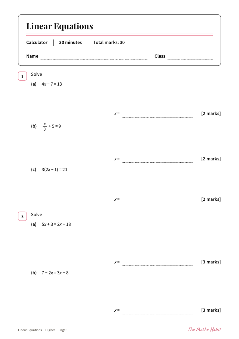 Linear equations test: Higher, first page
