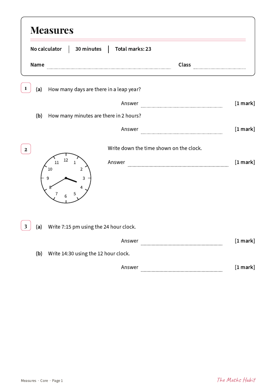 Measures test: Core, first page