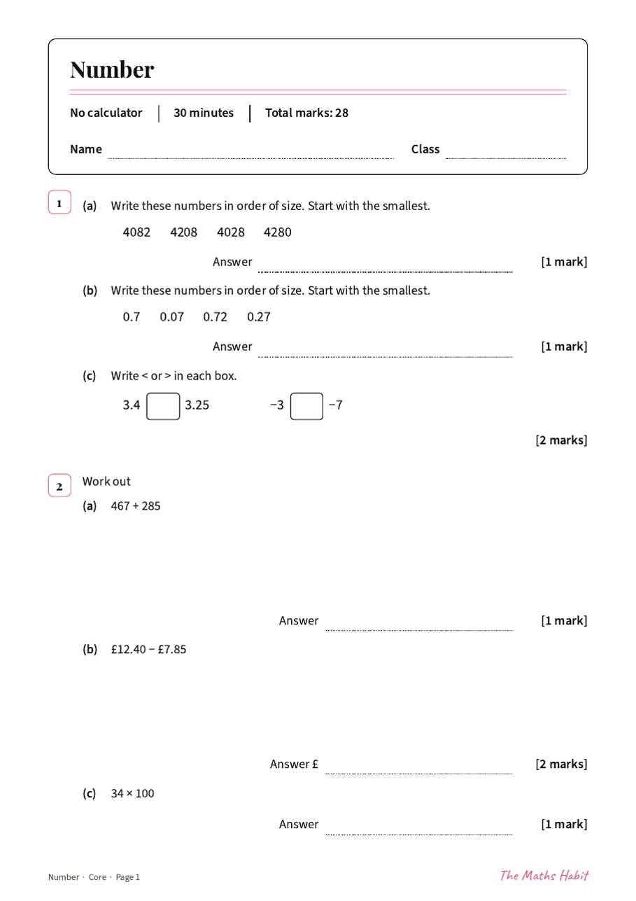 Number test: Core, first page