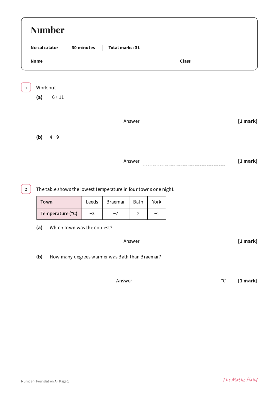 Number test: Foundation A, first page