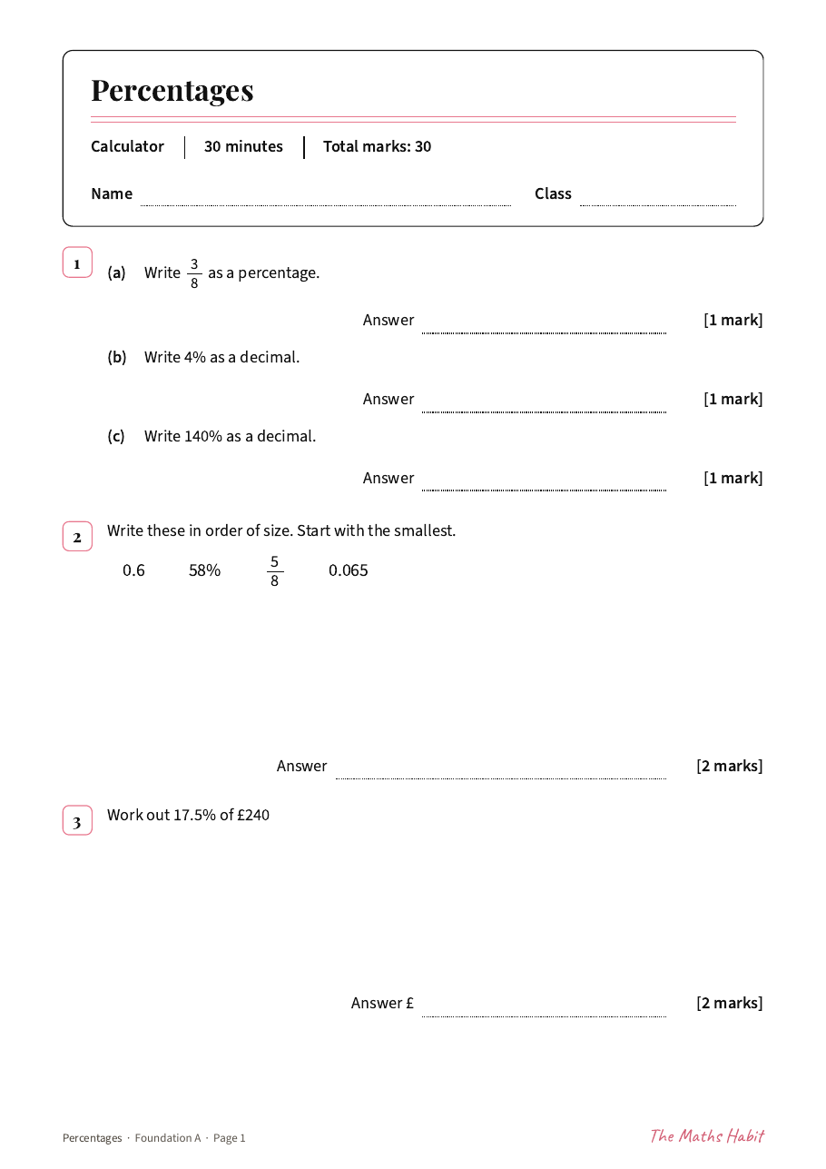 Percentages test: Foundation A, first page
